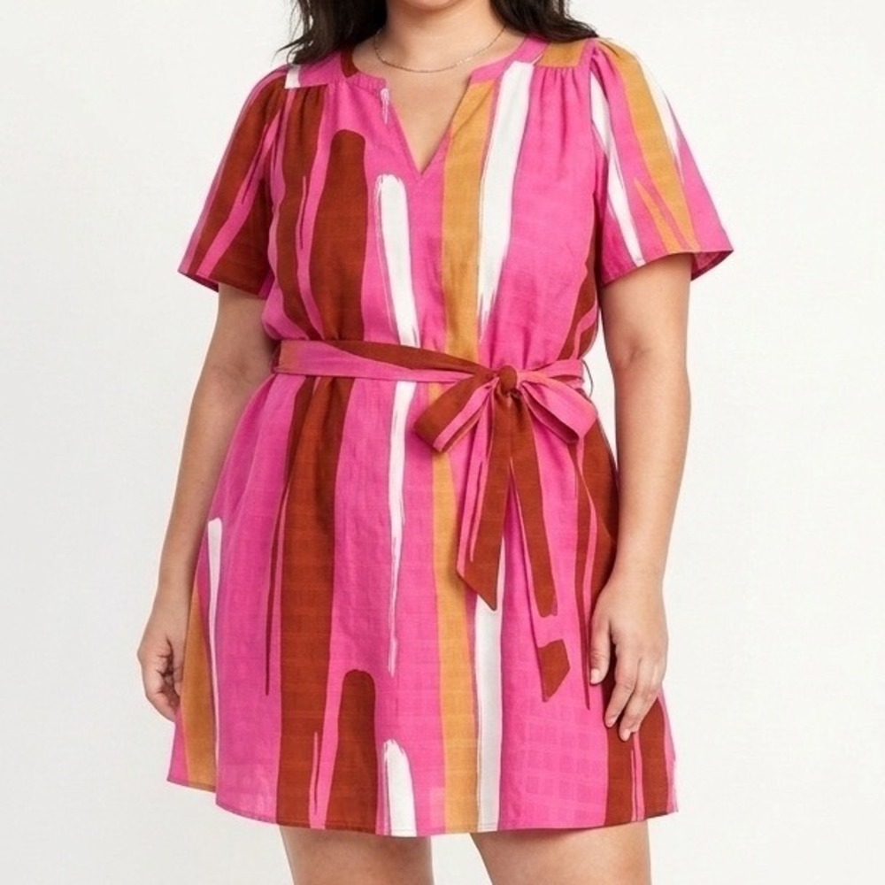 Nine West Pink Abstract Brushstroke Split Neck Blouse XXL Back Tie Short Sleeve
